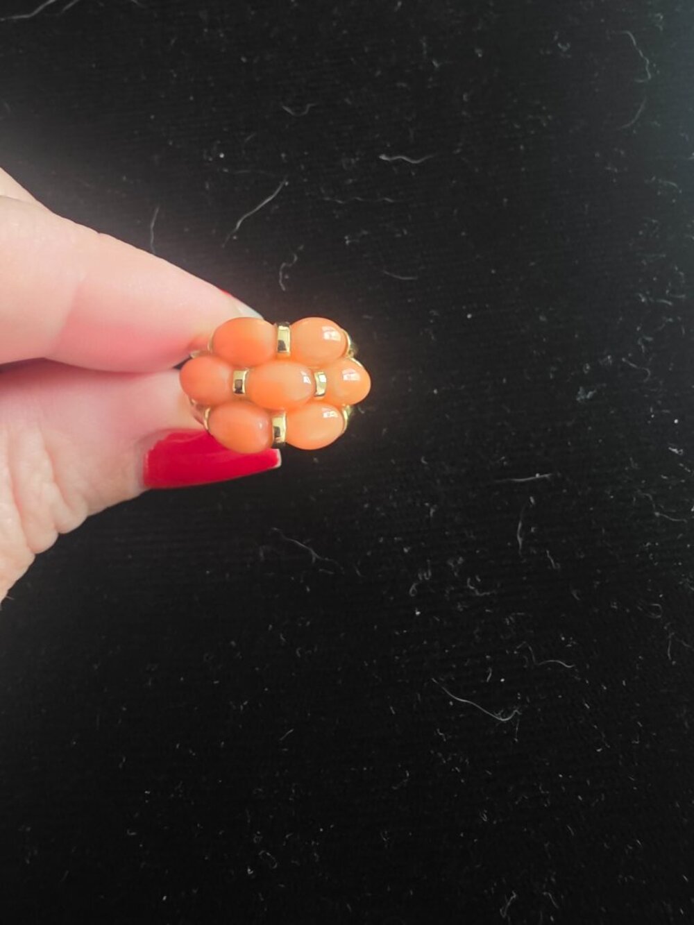 14K yellow gold pink coral statement ring. (A147)